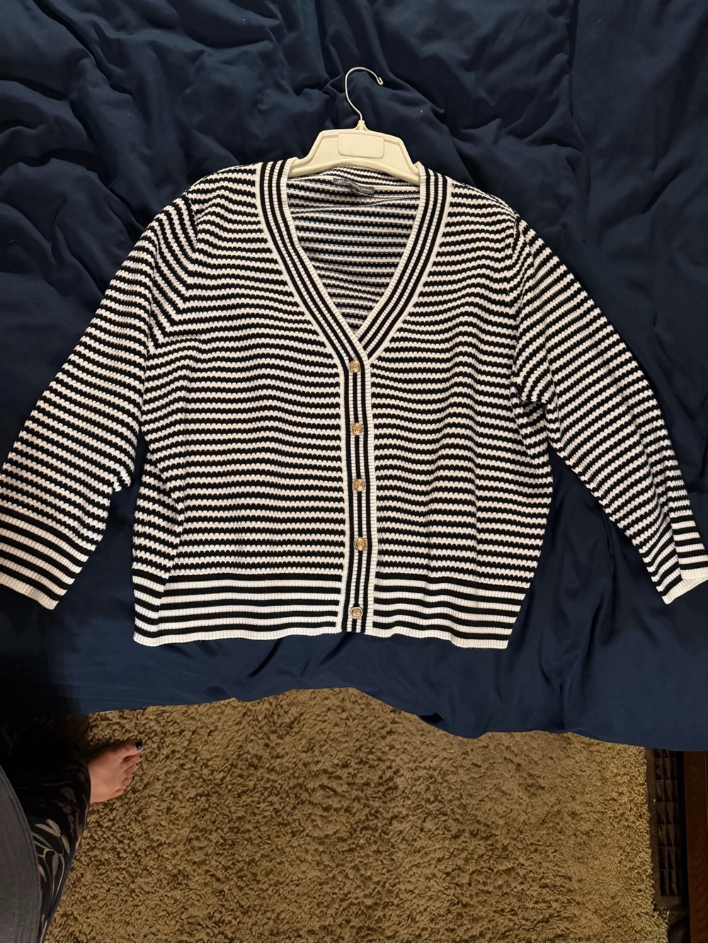 Striped V-Neck Button Cardigan Sweater - Black & White Adrienne Papell